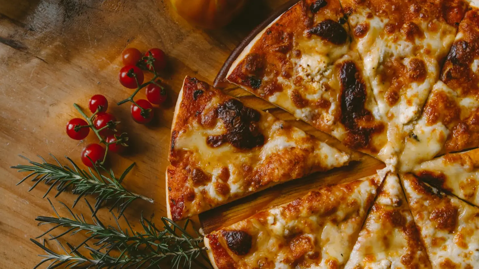 Sliced cheese pizza with browned, blistered mozzarella on a wooden board beside cherry tomatoes and rosemary
