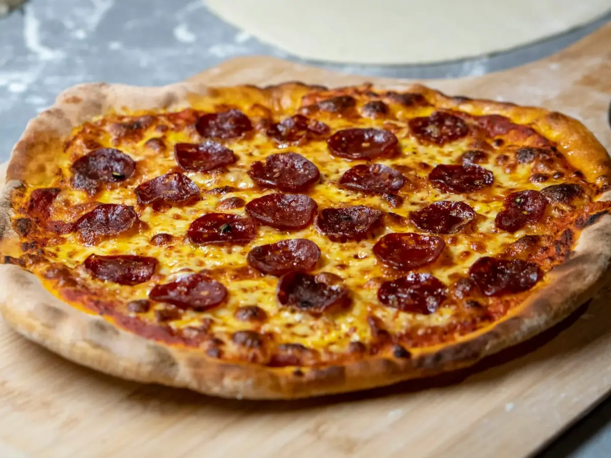 Thin-crust pepperoni pizza with evenly browned cheese on a bamboo pizza peel, a stretched dough round behind it