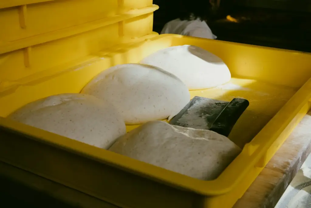 Risen dough balls that have spread and puffed in a yellow dough box, a metal bench scraper beside them
